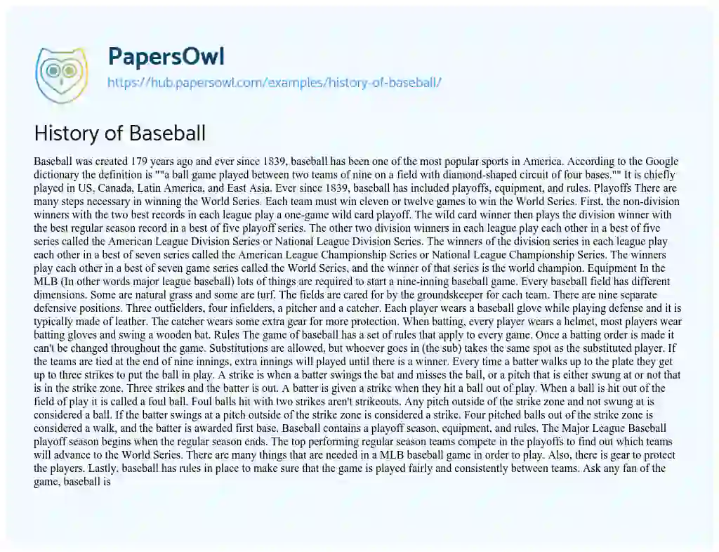Essay on History of Baseball