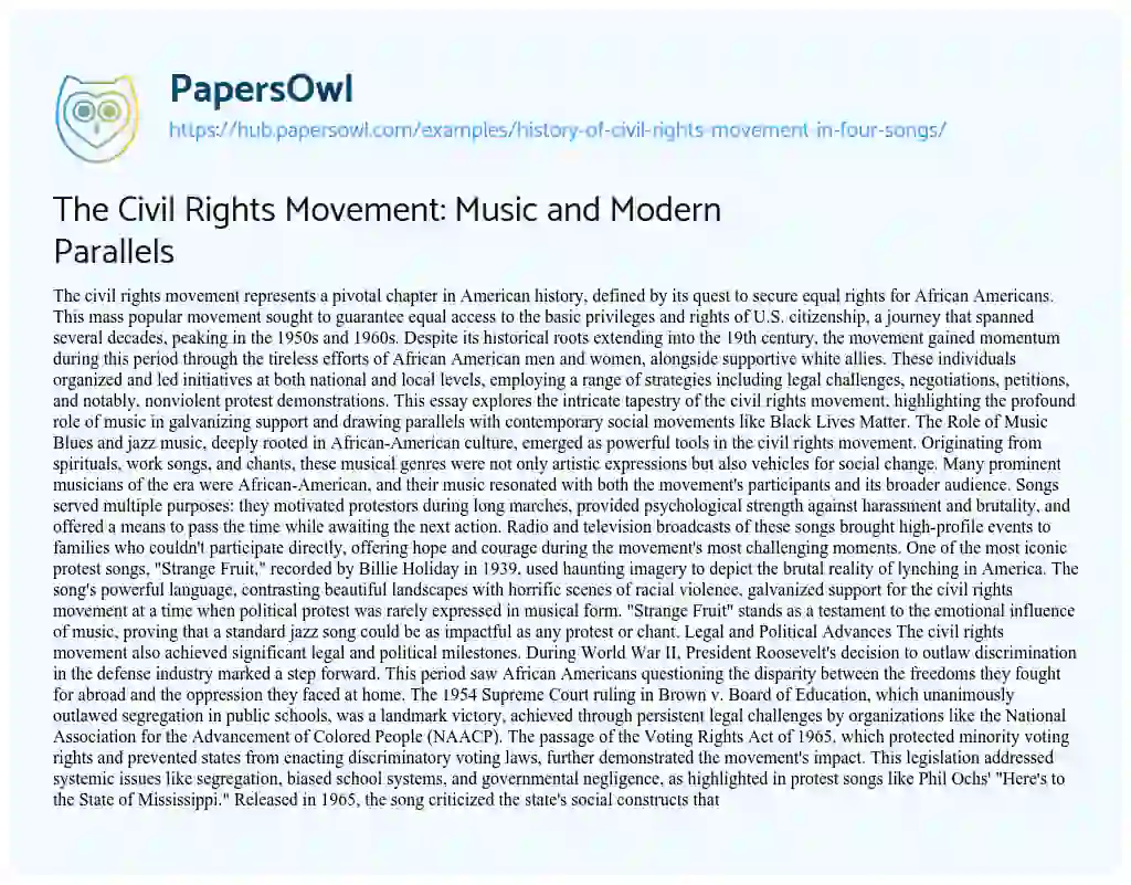 Essay on The Civil Rights Movement: Music and Modern Parallels