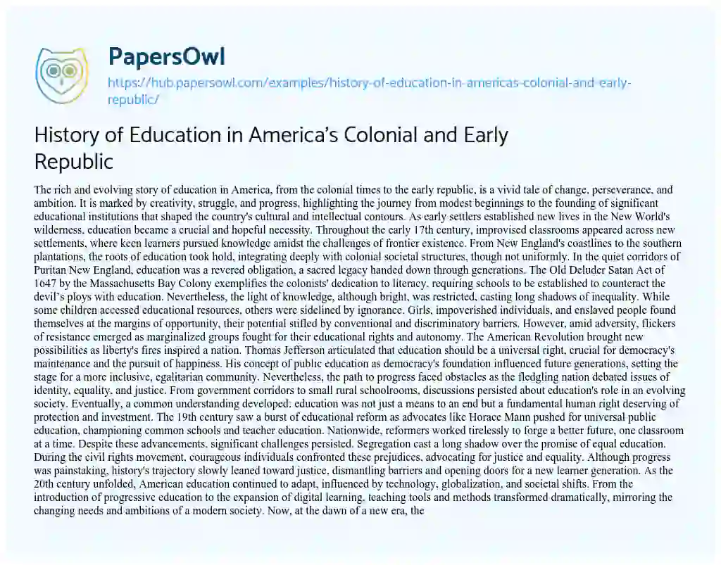 Essay on History of Education in America’s Colonial and Early Republic