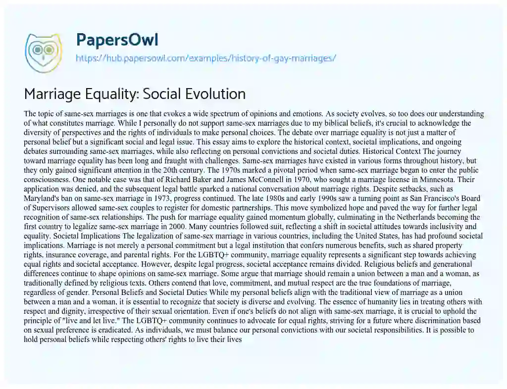 Essay on Marriage Equality: Social Evolution