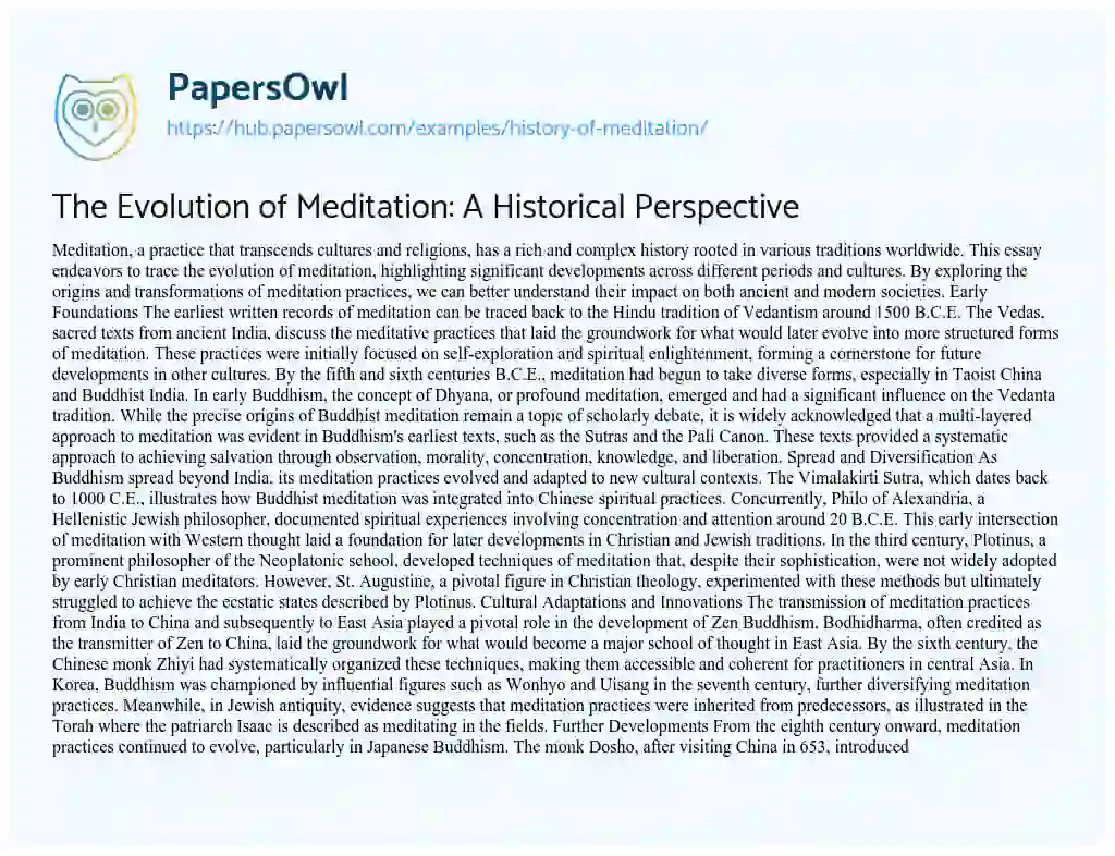 Essay on The Evolution of Meditation: A Historical Perspective