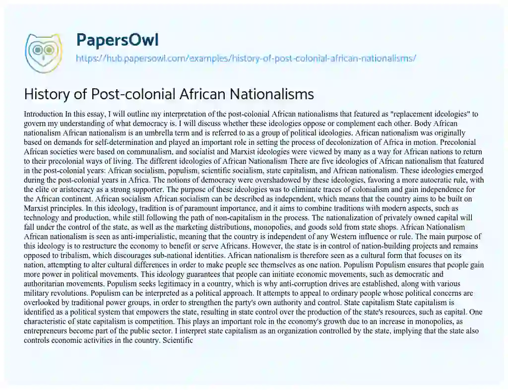 Essay on History of Post-colonial African Nationalisms