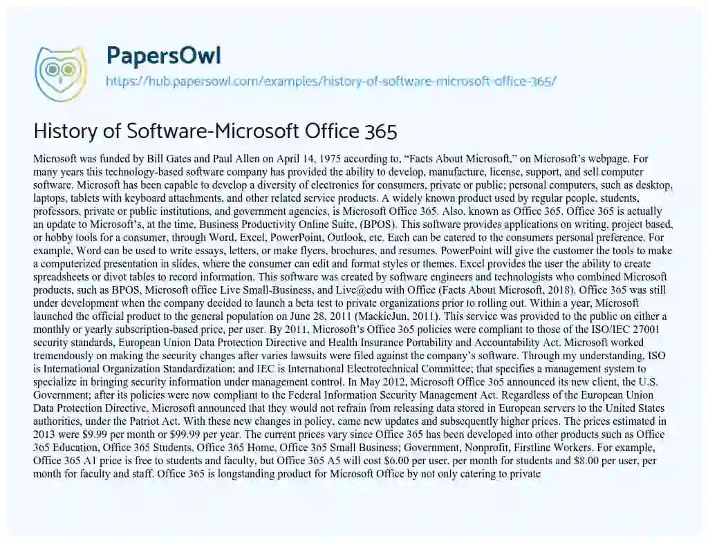 Essay on History of Software-Microsoft Office 365 