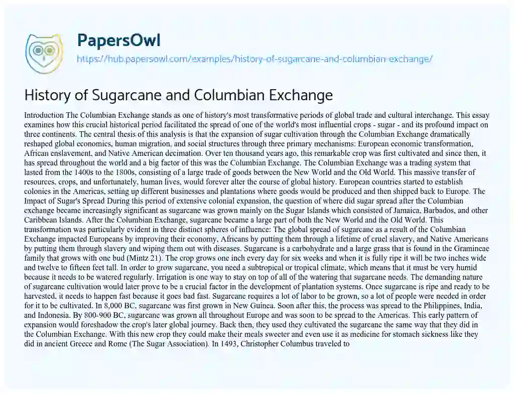 Essay on History of Sugarcane and Columbian Exchange