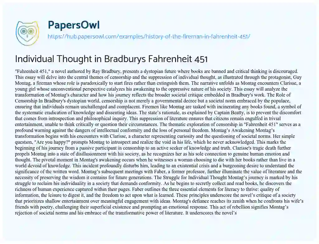 Essay on Individual Thought in Bradburys Fahrenheit 451