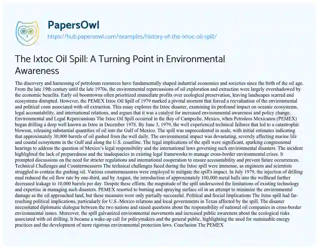 Essay on The Ixtoc Oil Spill: A Turning Point in Environmental Awareness