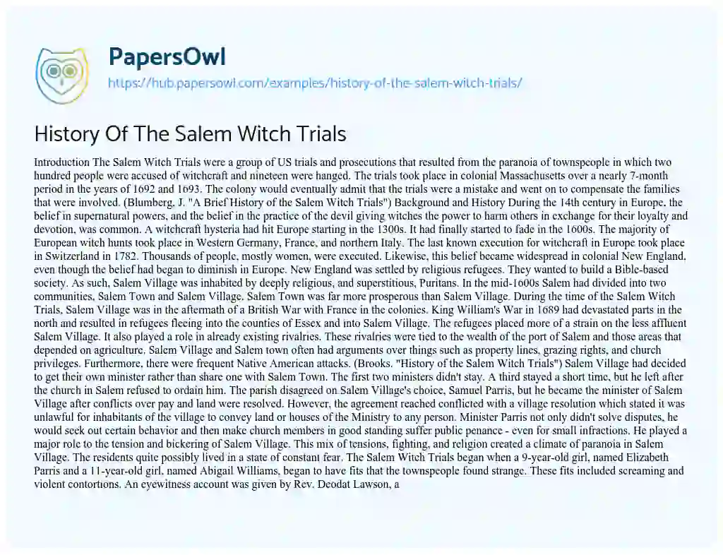 Essay on History Of The Salem Witch Trials