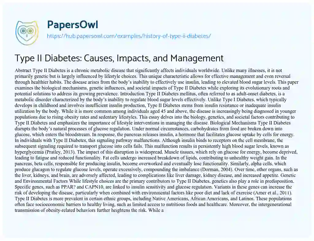 Essay on Type II Diabetes: Causes, Impacts, and Management
