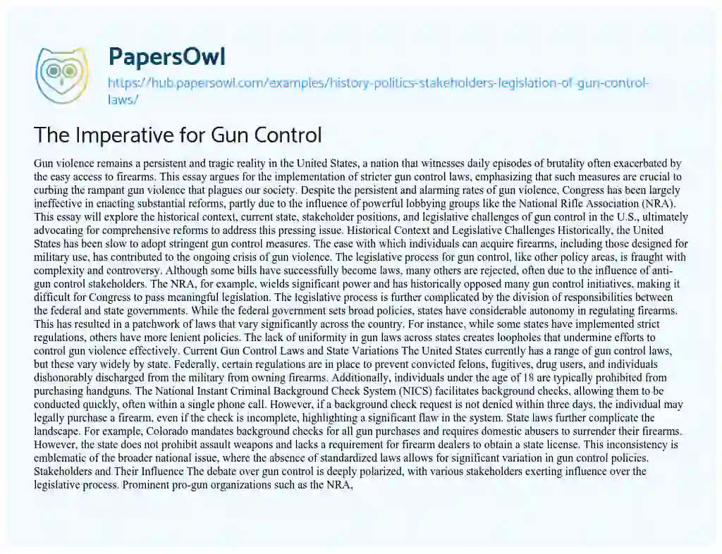 Essay on The Imperative for Gun Control