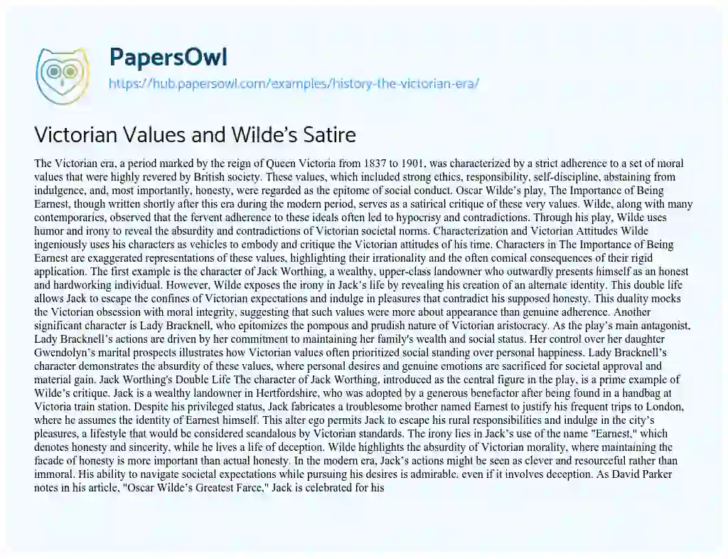Essay on Victorian Values and Wilde’s Satire