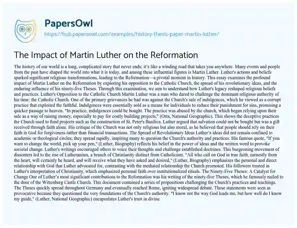 Essay on The Impact of Martin Luther on the Reformation