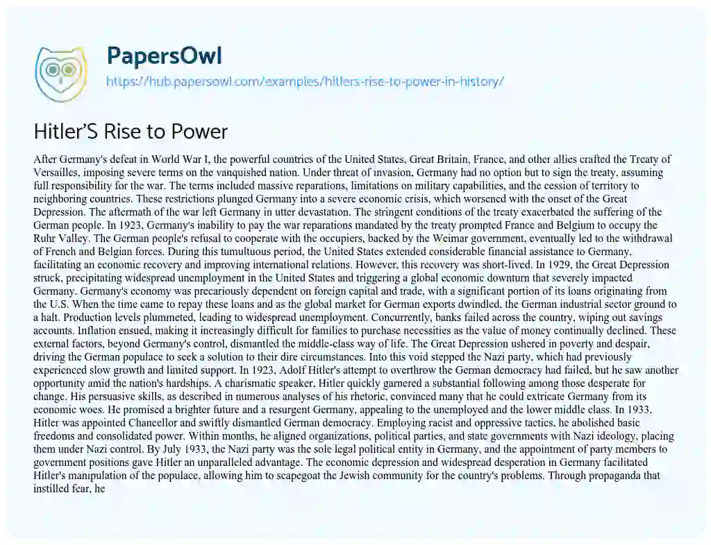 Essay on Hitler’S Rise to Power