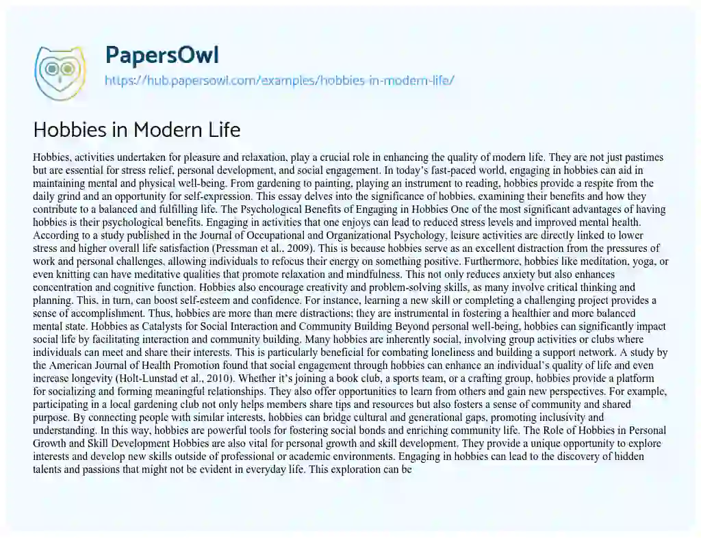 Essay on Hobbies in Modern Life