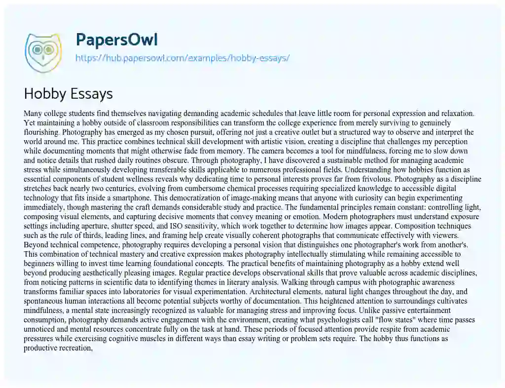 Essay on Hobby Essays