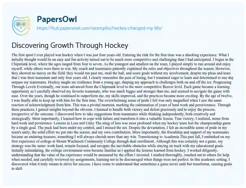 Essay on Discovering Growth Through Hockey