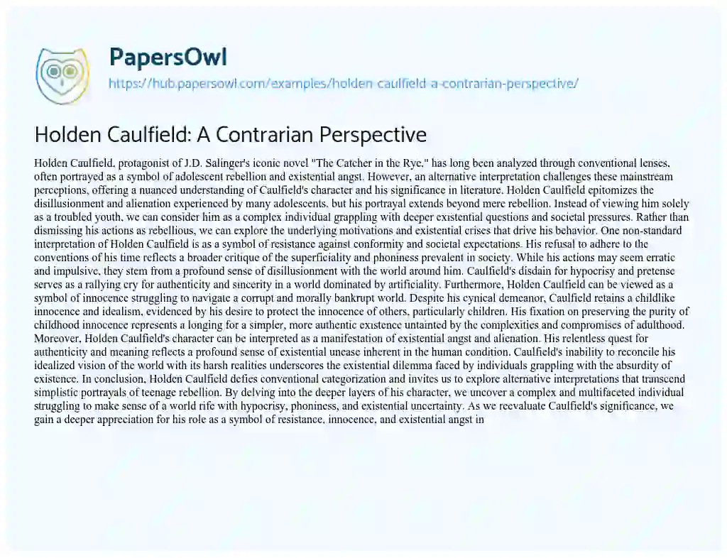 Essay on Holden Caulfield: A Contrarian Perspective