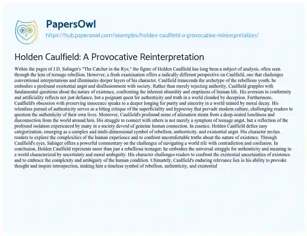 Essay on Holden Caulfield: A Provocative Reinterpretation