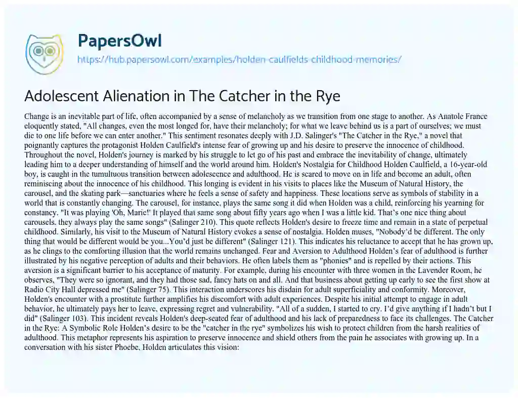 Essay on Adolescent Alienation in The Catcher in the Rye