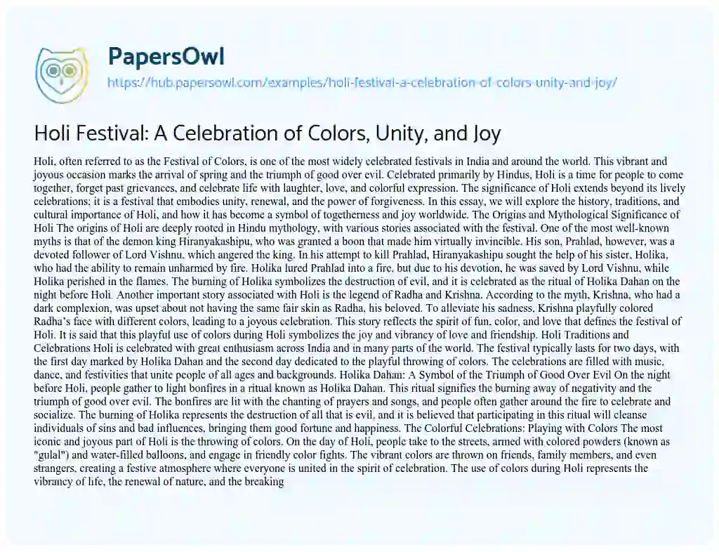 Essay on Holi Festival: A Celebration of Colors, Unity, and Joy