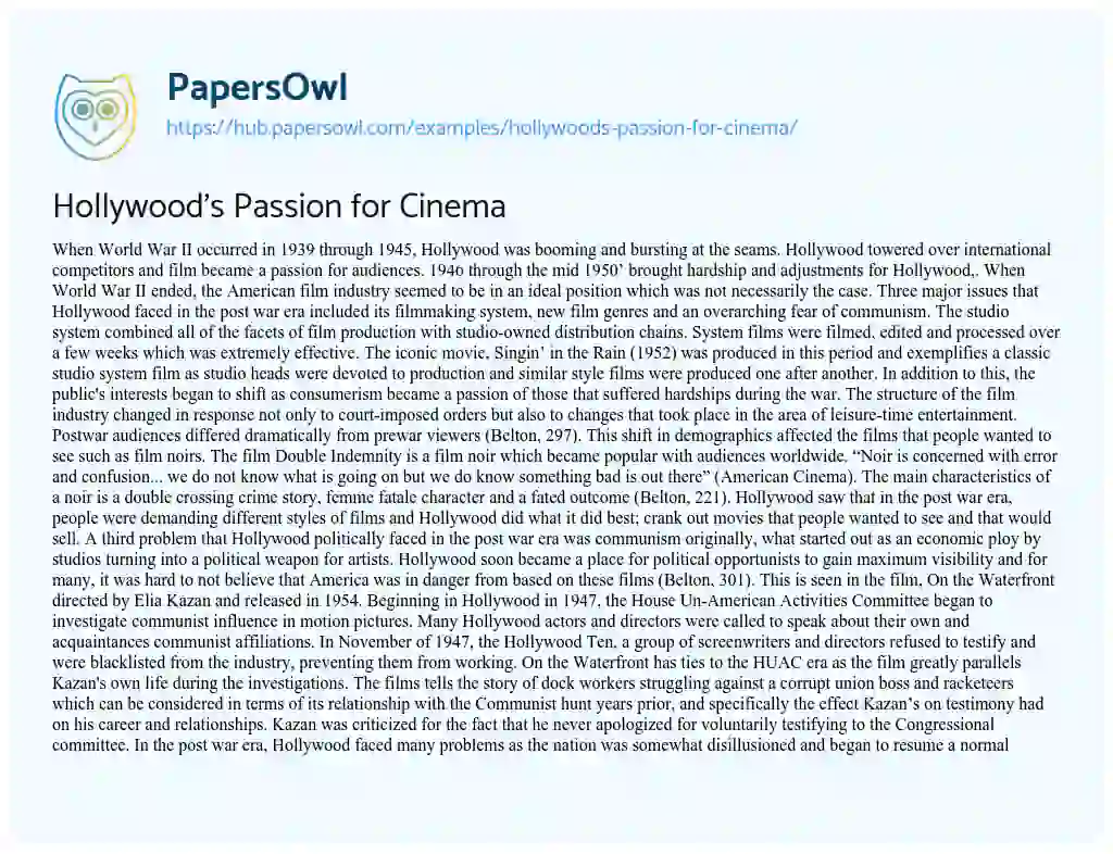 Essay on Hollywood’s Passion for Cinema