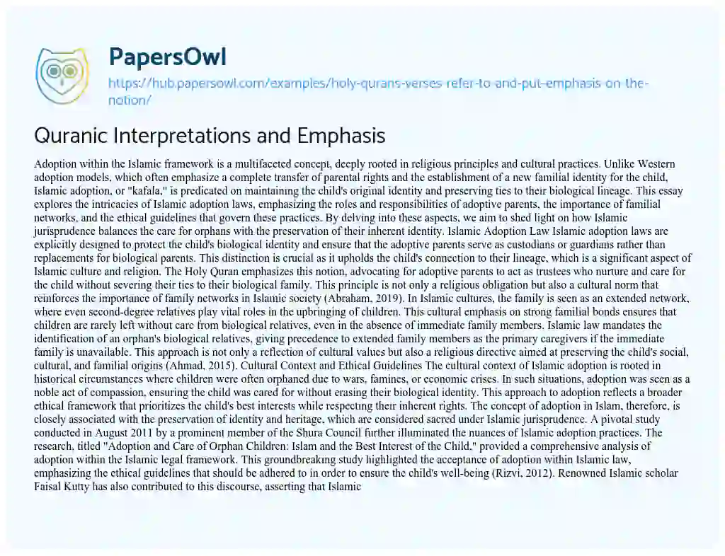 Essay on Quranic Interpretations and Emphasis