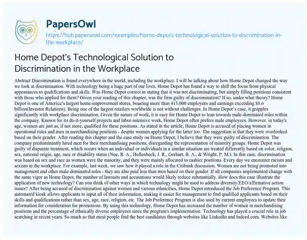 Essay on Home Depot’s Technological Solution to Discrimination in the Workplace