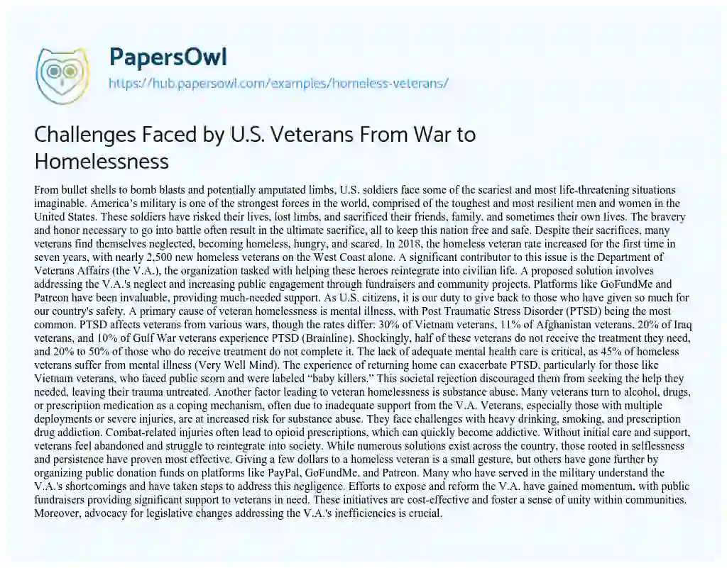 Essay on Challenges Faced by U.S. Veterans From War to Homelessness