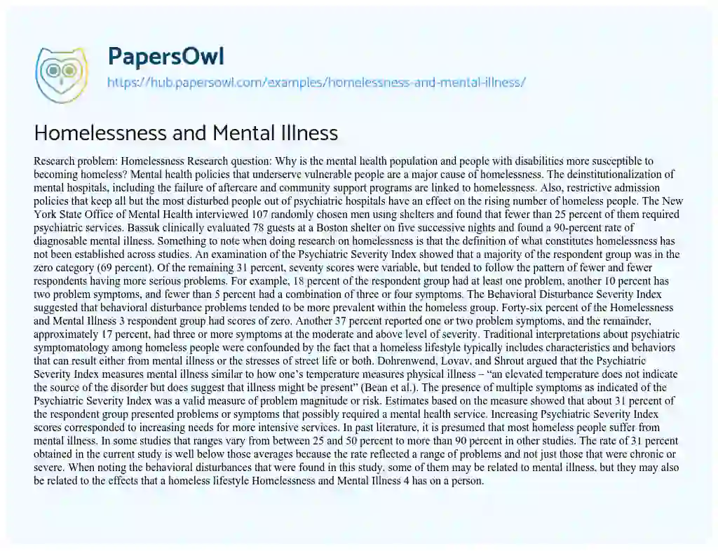Essay on Homelessness and Mental Illness