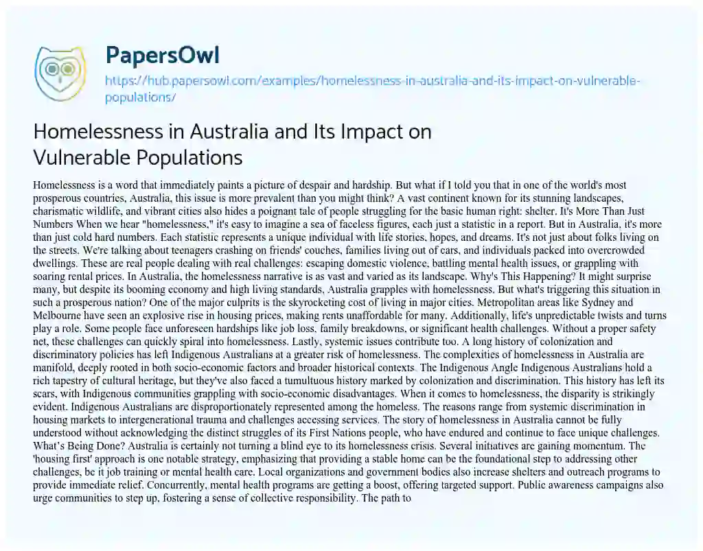 Essay on Homelessness in Australia and Its Impact on Vulnerable Populations