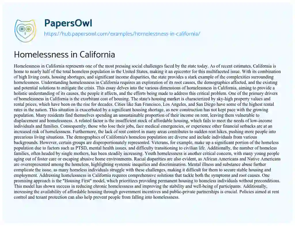 Essay on Homelessness in California