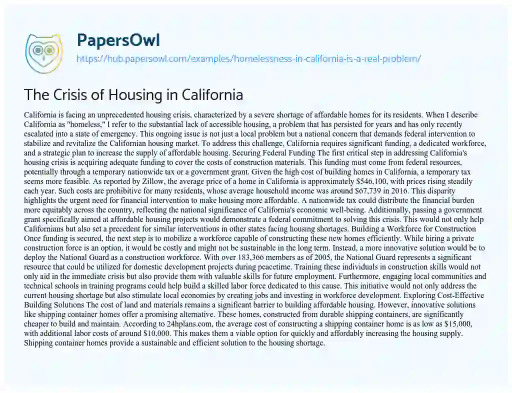 Essay on The Crisis of Housing in California