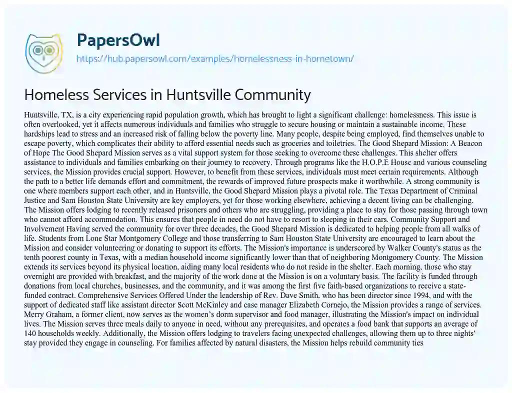 Essay on Homeless Services in Huntsville Community