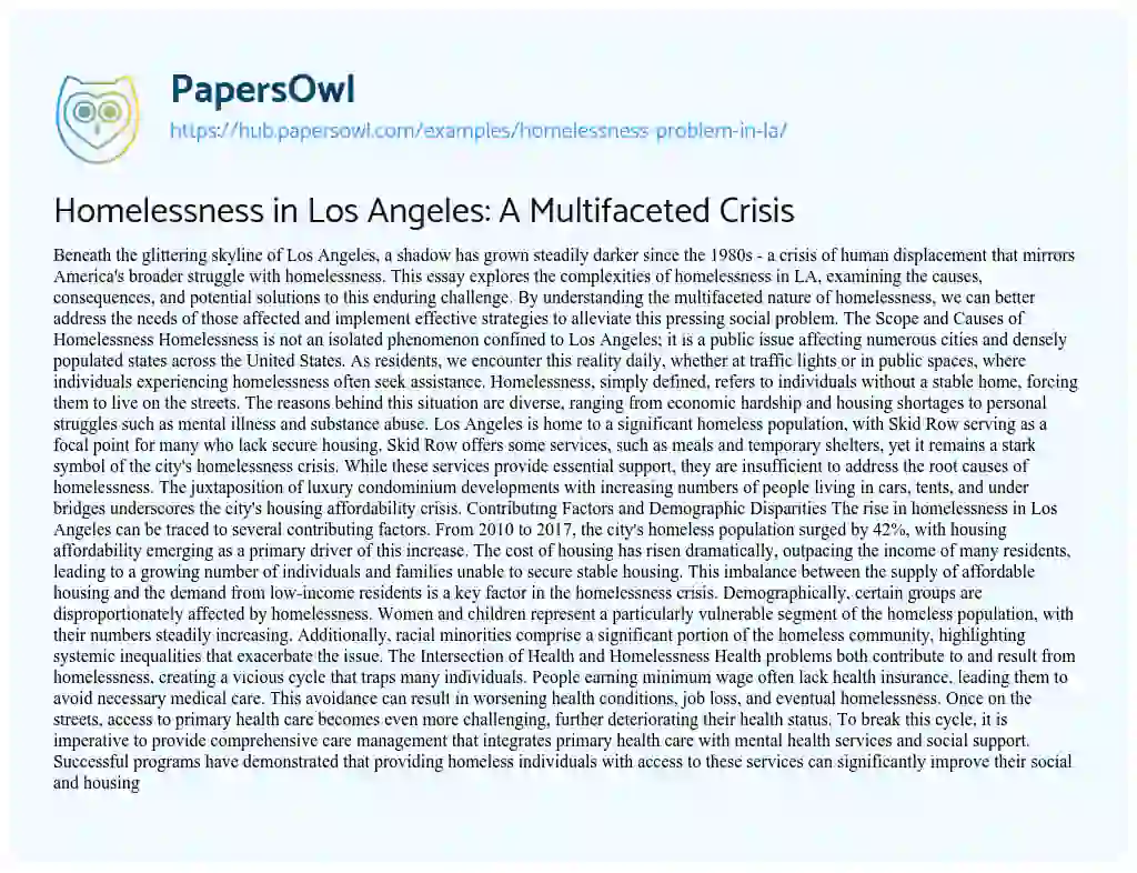 Essay on Homelessness in Los Angeles: A Multifaceted Crisis