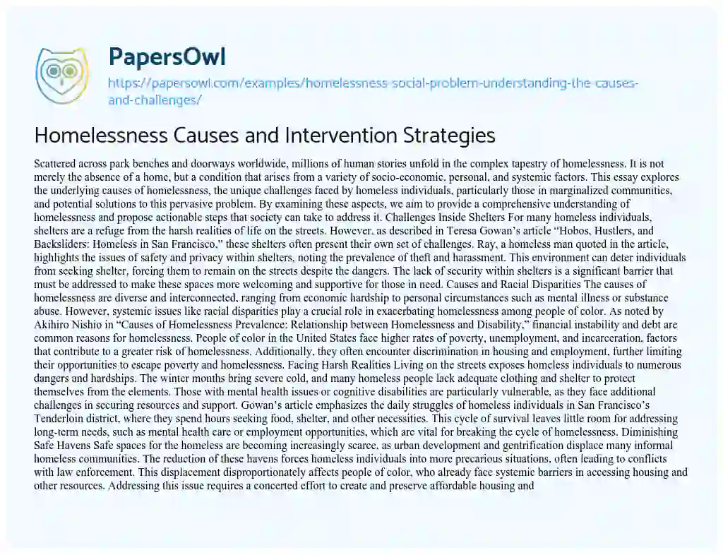 Essay on Homelessness Causes and Intervention Strategies