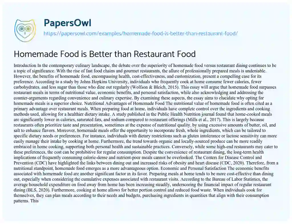 Essay on Homemade Food is Better than Restaurant Food