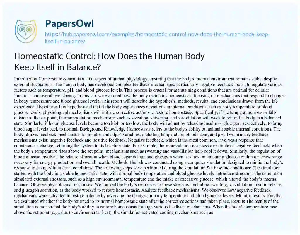 Essay on Homeostatic Control: How Does the Human Body Keep Itself in Balance?