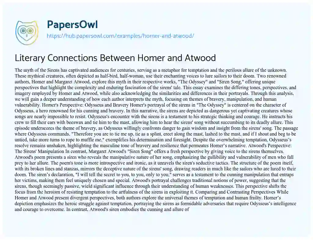 Essay on Literary Connections Between Homer and Atwood