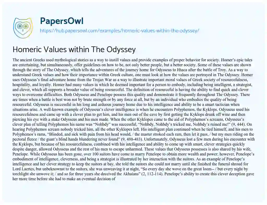 Essay on Homeric Values within The Odyssey