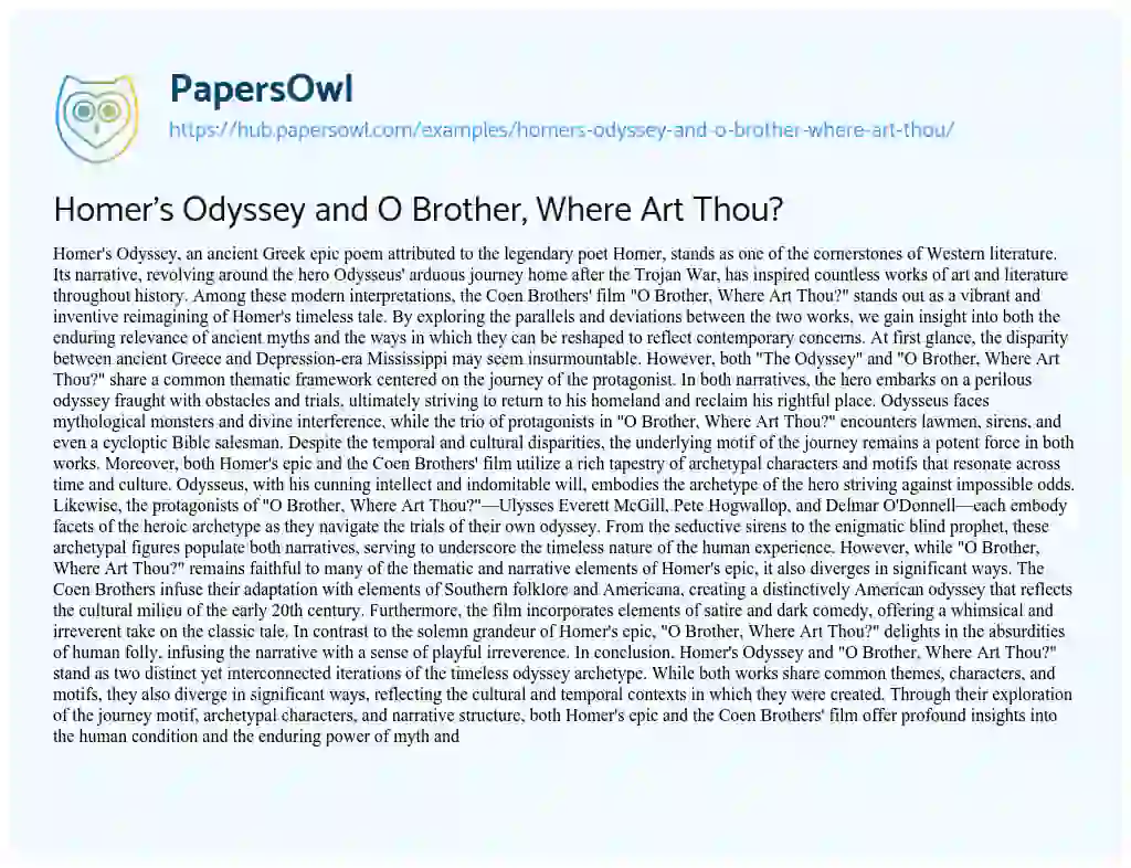Essay on Homer’s Odyssey and O Brother, Where Art Thou?