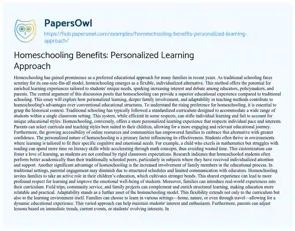 Essay on Homeschooling Benefits: Personalized Learning Approach