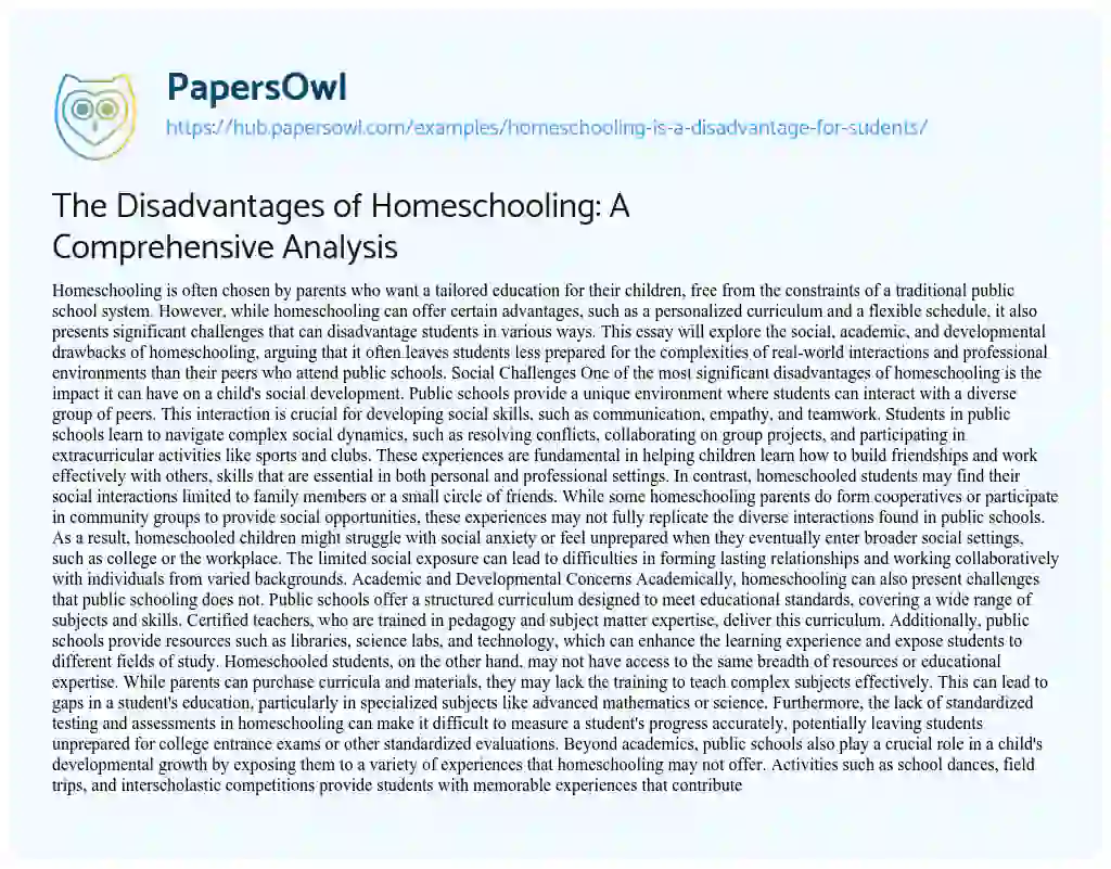 Essay on The Disadvantages of Homeschooling: A Comprehensive Analysis