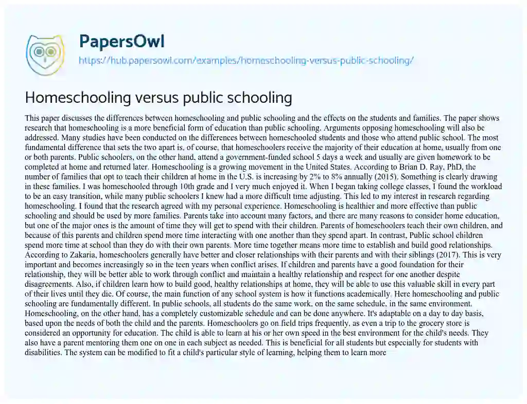Essay on Homeschooling versus public schooling