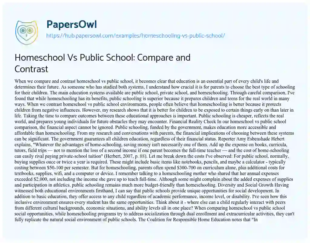 Essay on Homeschool Vs Public School: Compare and Contrast