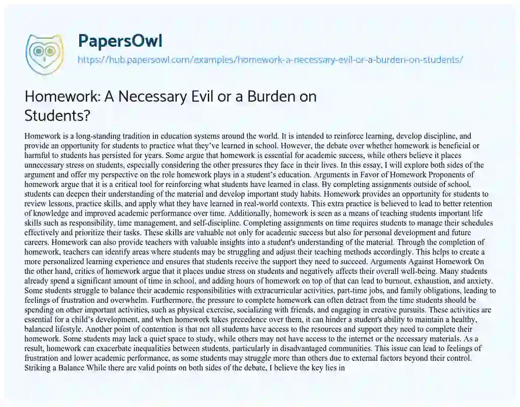 Essay on Homework: A Necessary Evil or a Burden on Students?