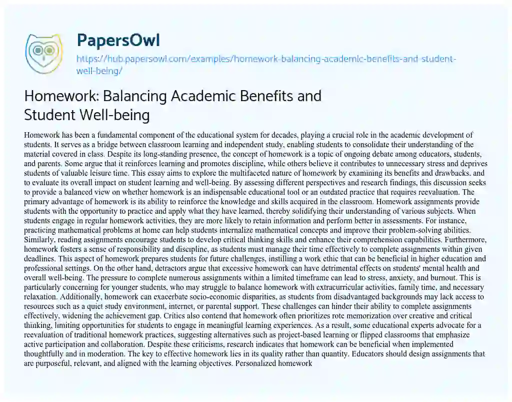 Essay on Homework: Balancing Academic Benefits and Student Well-being