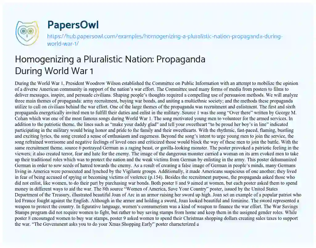 Essay on Homogenizing a Pluralistic Nation: Propaganda During World War 1