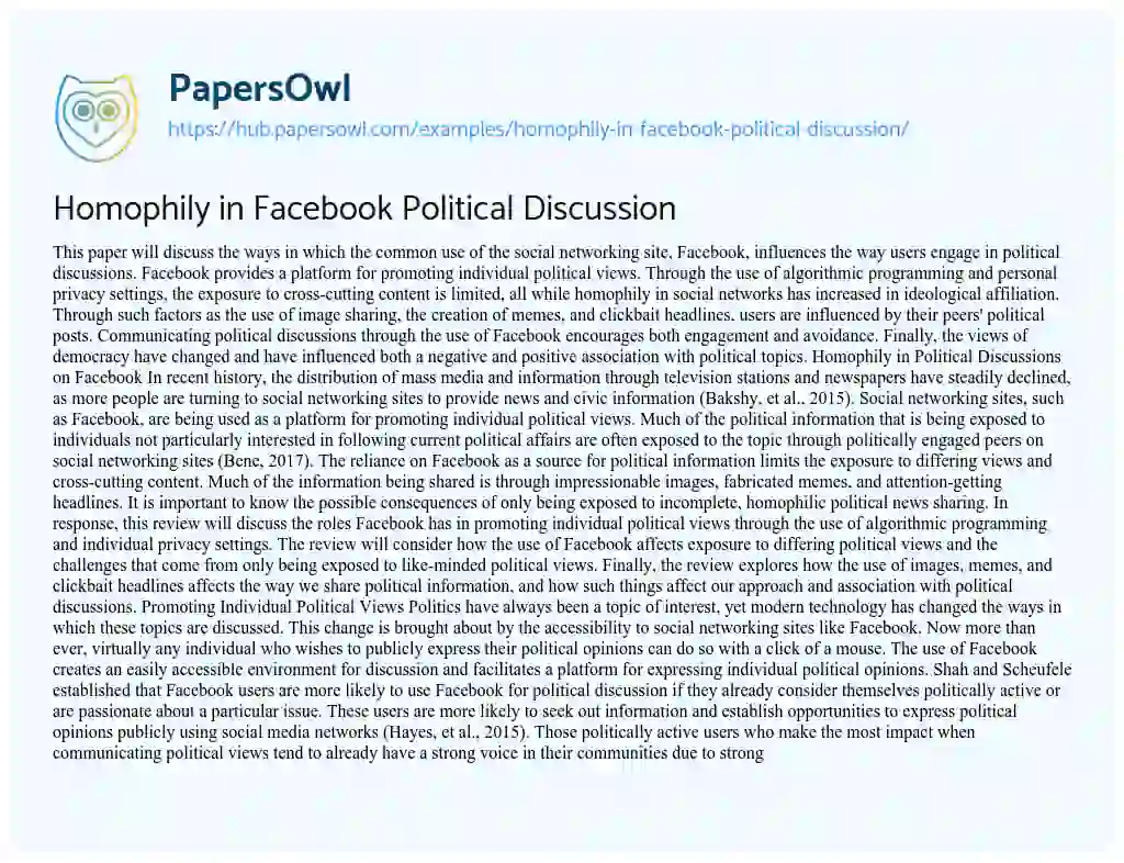 Essay on Homophily in Facebook Political Discussion
