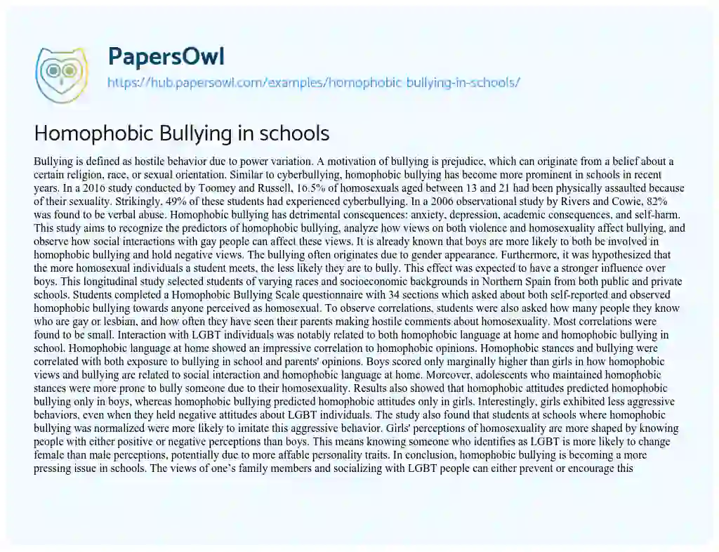 Essay on Homophobic Bullying in schools