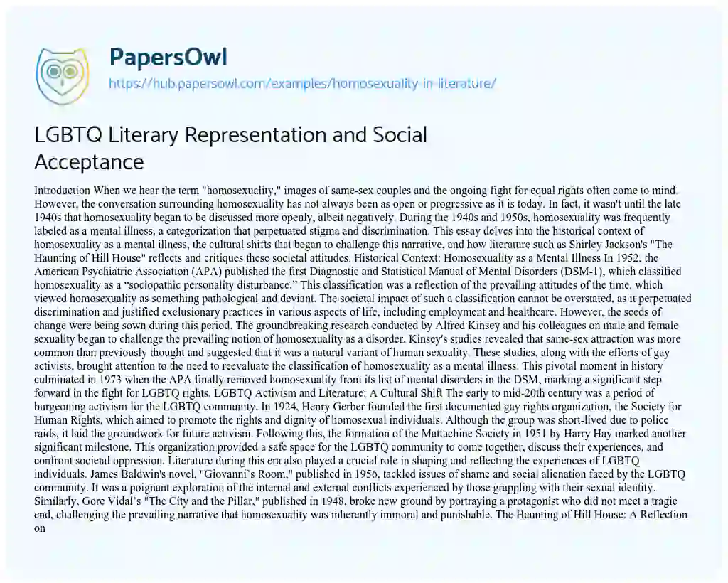 Essay on LGBTQ Literary Representation and Social Acceptance