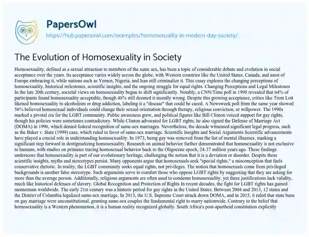 Essay on The Evolution of Homosexuality in Society